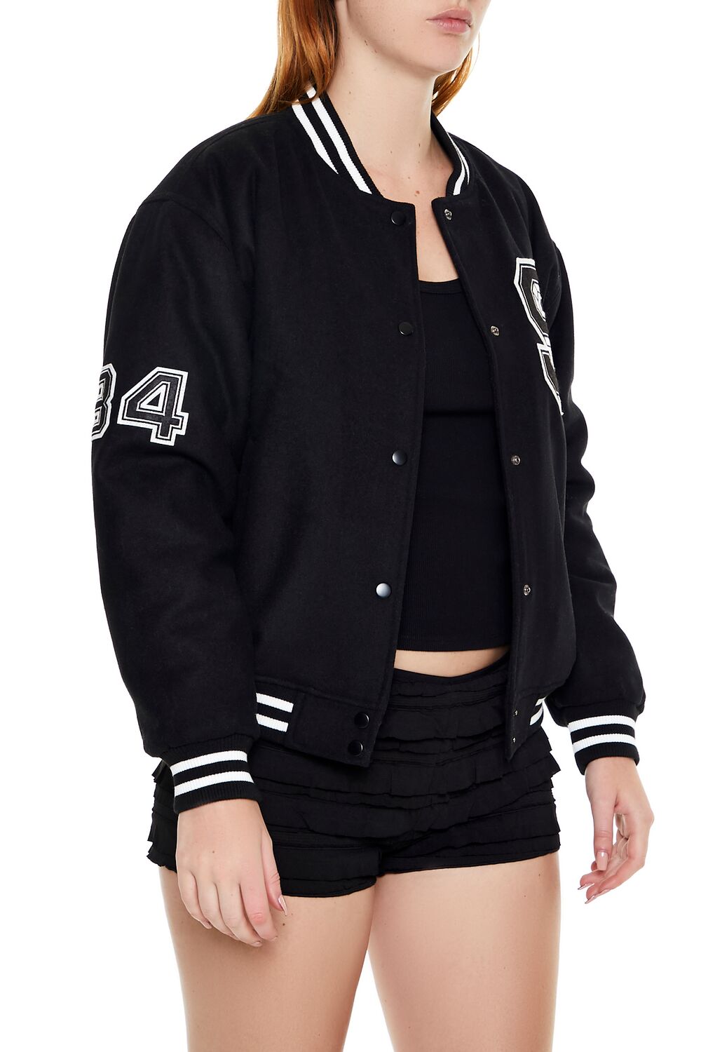  Forever 21 Varsity Letterman Bomber Jacket - black-swatch - Bonton
