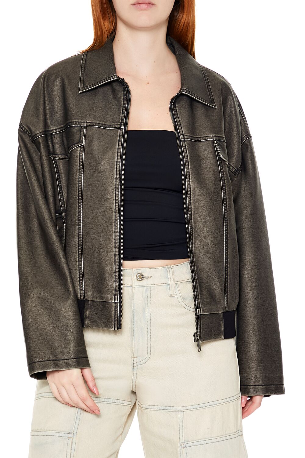 Forever 21 Faux Leather Zip-Up Moto Jacket - black-swatch - Bonton