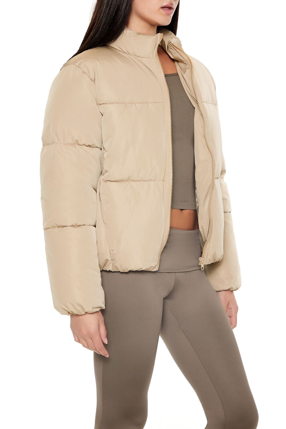  Forever 21 Channel-Stitched Puffer Jacket - taupe - Bonton