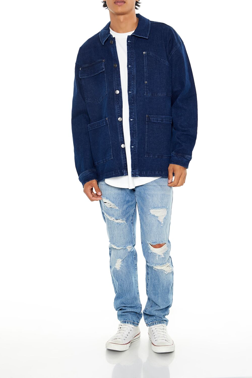  Forever 21 Denim Drop-Sleeve Shacket - medium-denim - Bonton