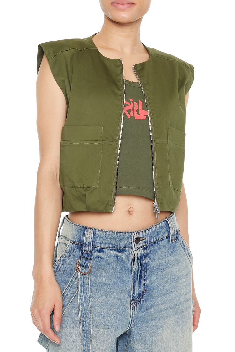  Forever 21 Satin Zip-Up Cropped Vest - green-swatch - Bonton