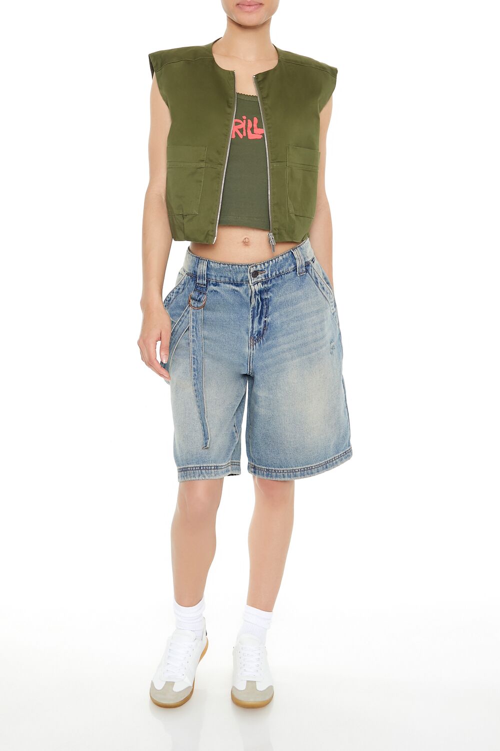  Forever 21 Satin Zip-Up Cropped Vest - green-swatch - Bonton