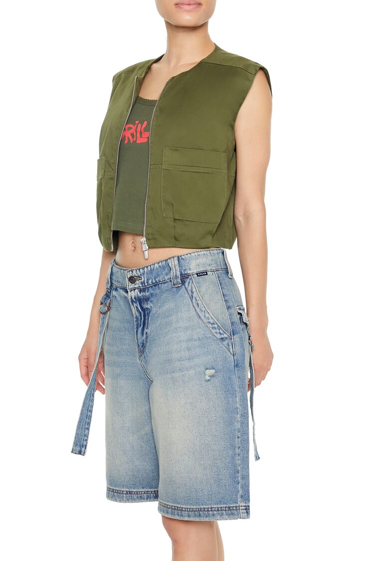  Forever 21 Satin Zip-Up Cropped Vest - green-swatch - Bonton