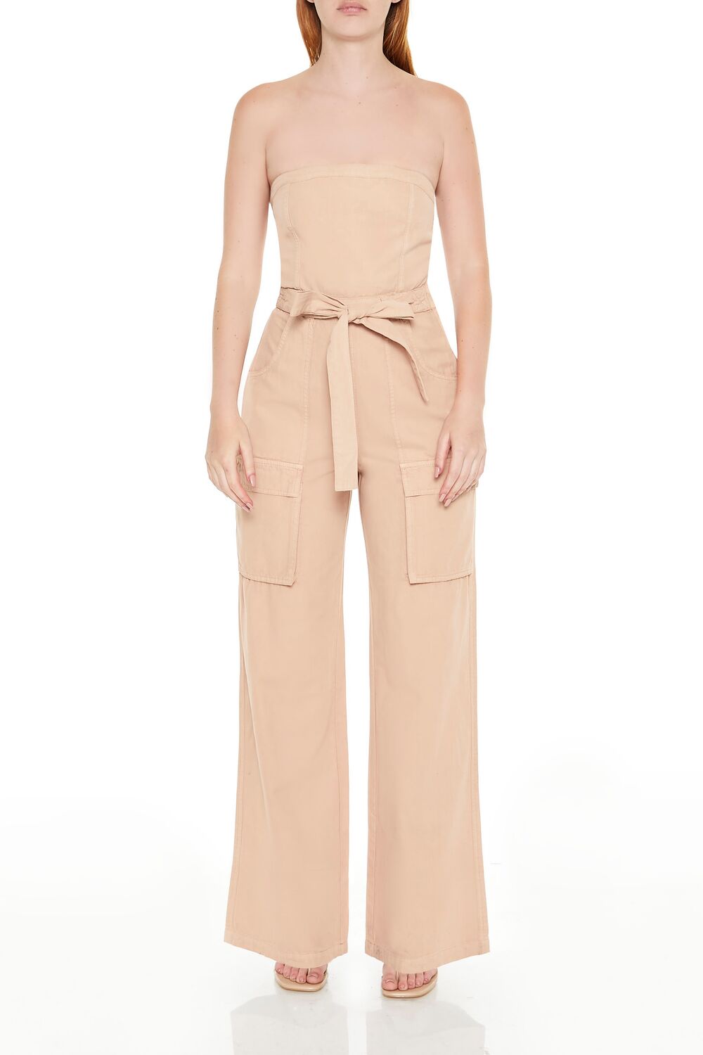  Forever 21 Strapless Tie-Front Cargo Jumpsuit - almond - Bonton