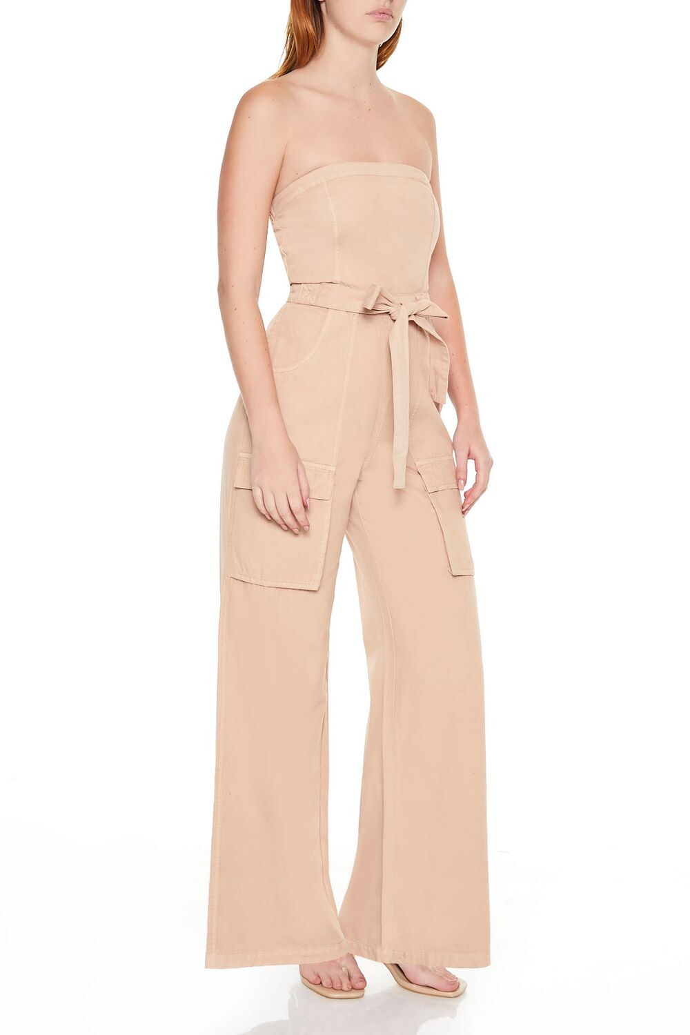  Forever 21 Strapless Tie-Front Cargo Jumpsuit - almond - Bonton