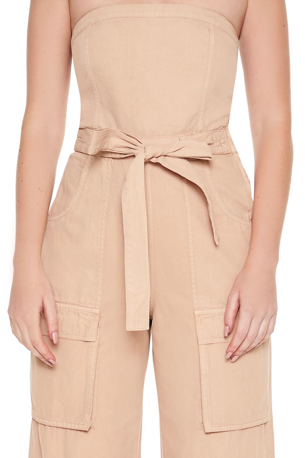 Forever 21 Strapless Tie-Front Cargo Jumpsuit - almond - Bonton