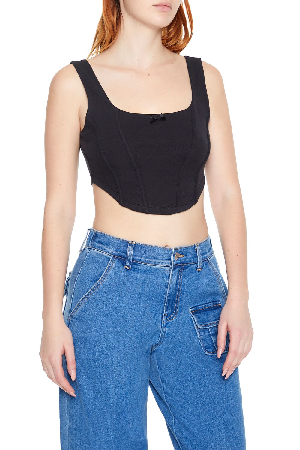  Forever 21 Corset Curved-Hem Crop Top - black - Bonton