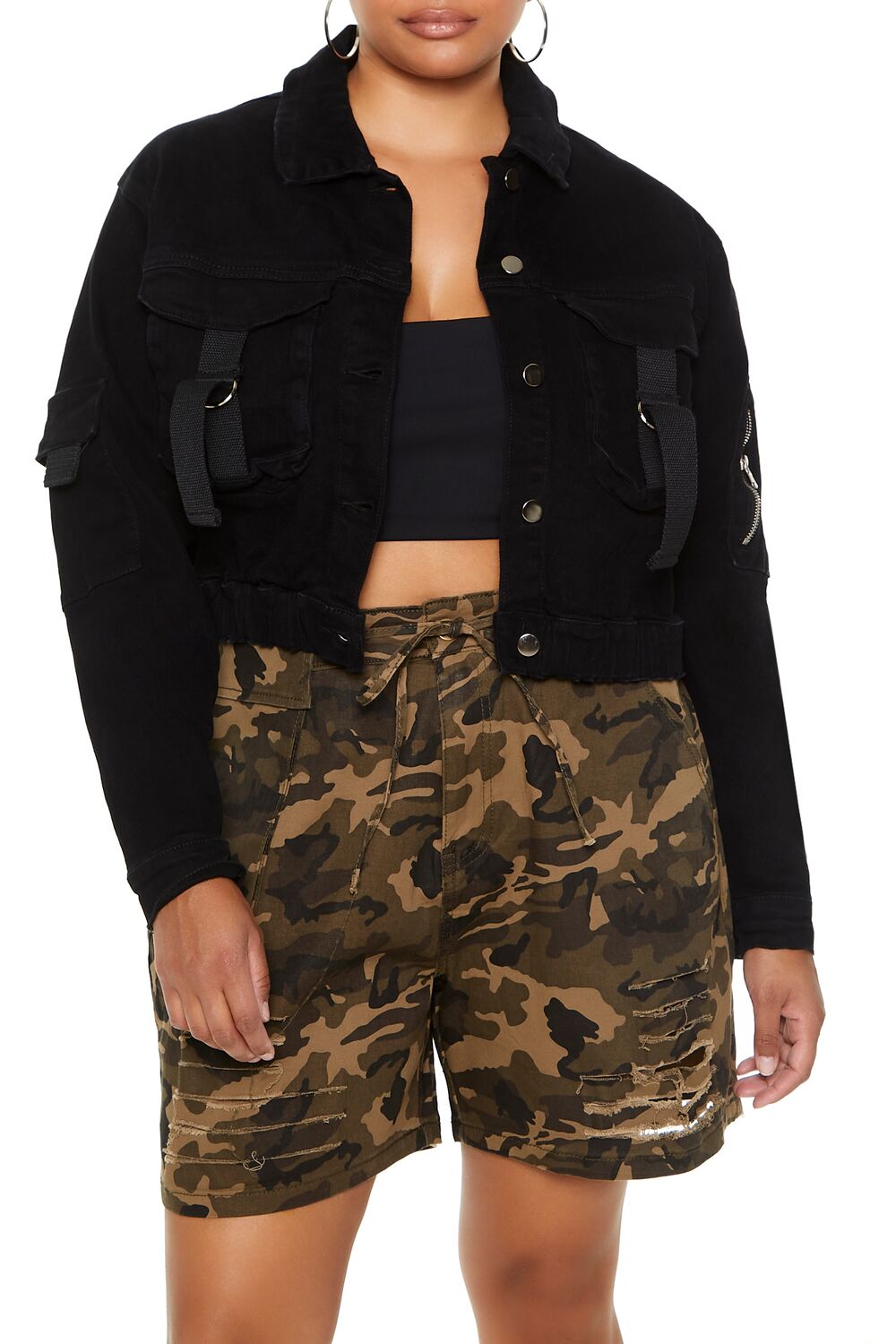 Forever 21 Plus Size Cargo Trucker Jacket - black-swatch - Bonton