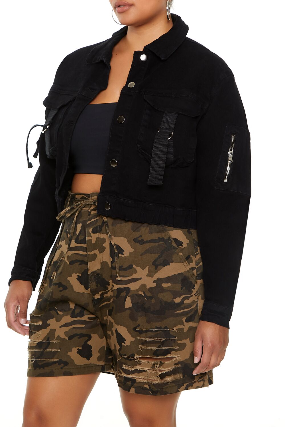  Forever 21 Plus Size Cargo Trucker Jacket - black-swatch - Bonton