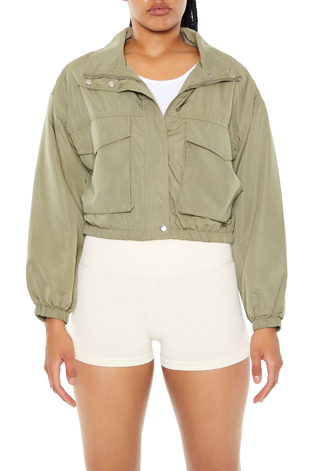  Forever 21 Cropped Cargo Bomber Jacket - green-swatch - Bonton
