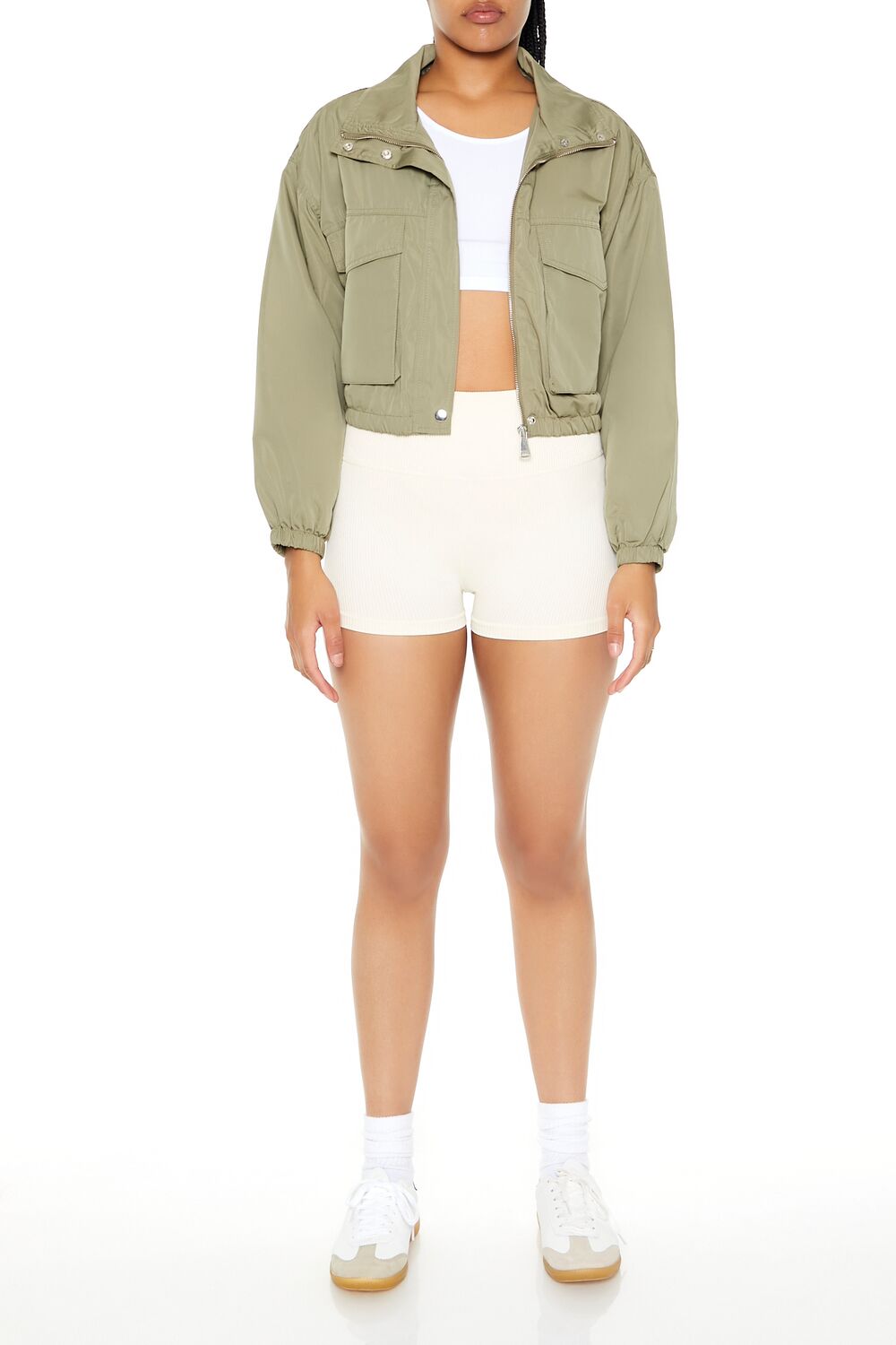  Forever 21 Cropped Cargo Bomber Jacket - green-swatch - Bonton