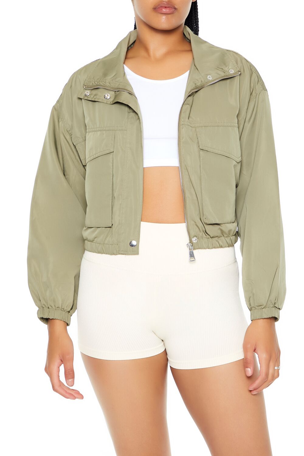  Forever 21 Cropped Cargo Bomber Jacket - green-swatch - Bonton