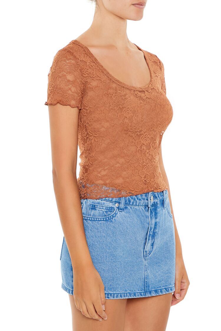  Forever 21 Sheer Lace Lettuce-Edge Tee - toffee - Bonton