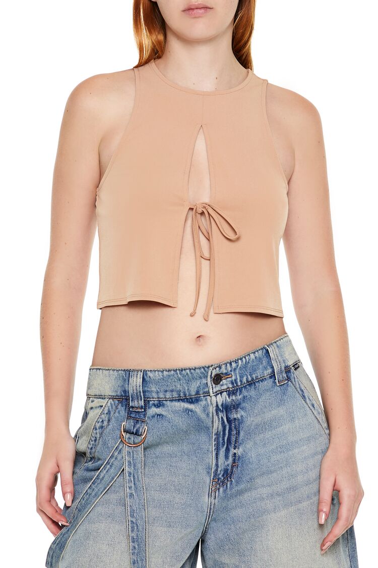  Forever 21 Sleeveless Tie-Front Crop Top - camel - Bonton