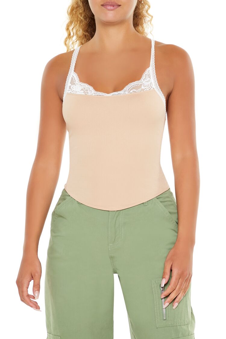  Forever 21 Seamless Lace-Trim Cami - almond white - Bonton