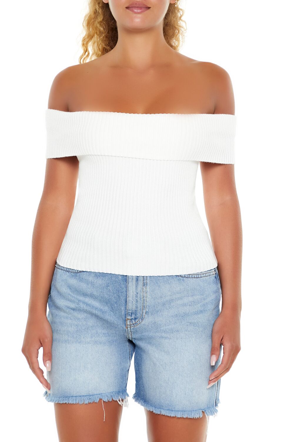  Forever 21 Off-the-Shoulder Sweater-Knit Top - white - Bonton