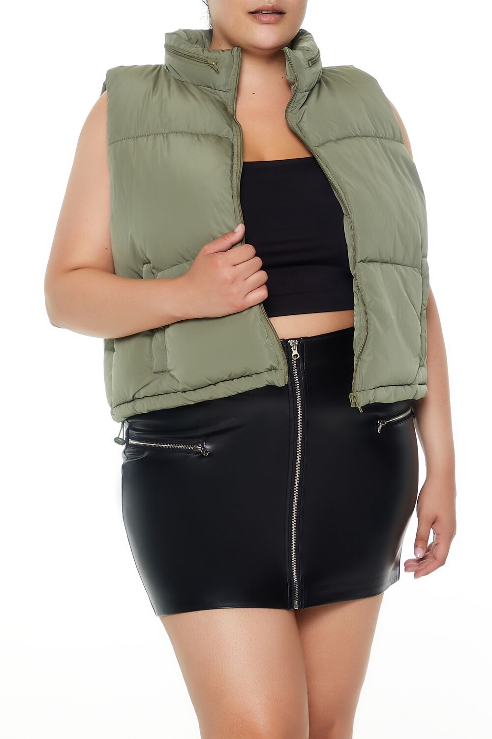  Forever 21 Plus Size Cropped Puffer Vest - light-olive-swatch - Bonton