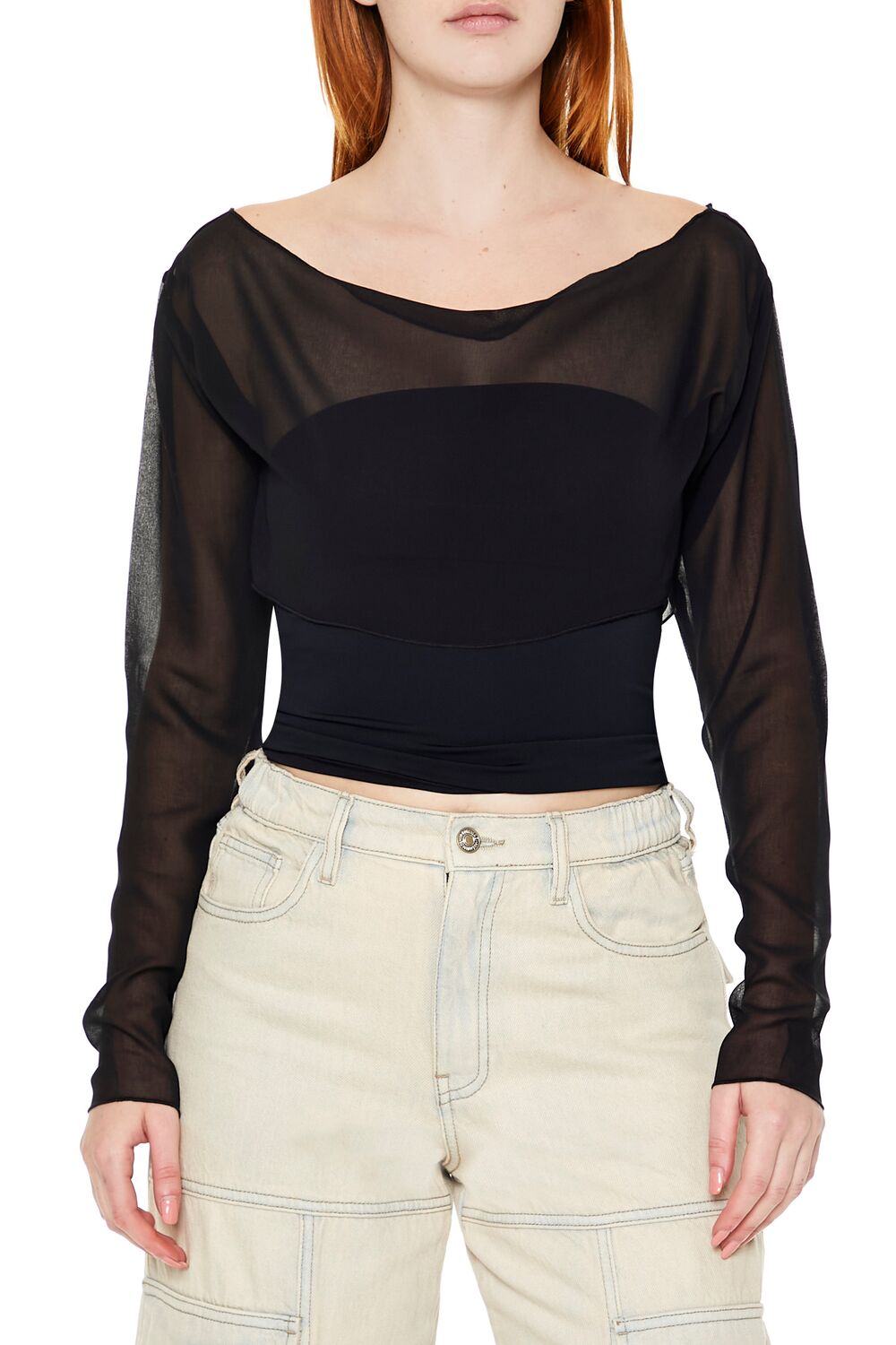  Forever 21 Sheer Chiffon Crop Top - black - Bonton