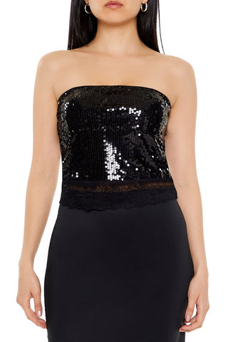 Sequin Lace-Trim Tube Top