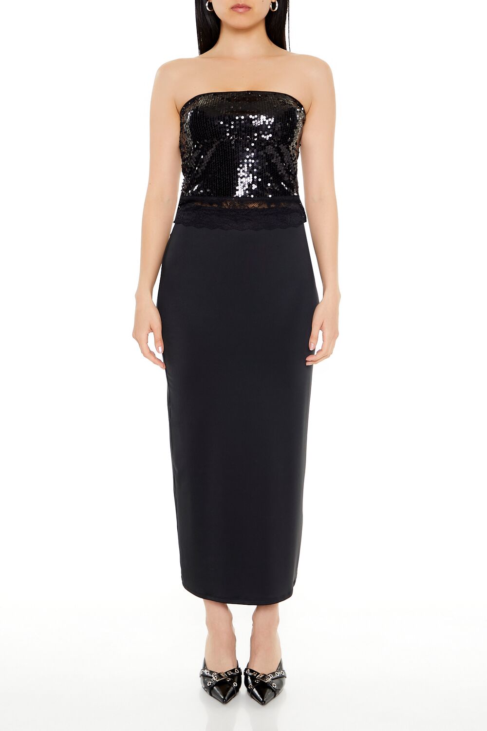  Forever 21 Sequin Lace-Trim Tube Top - black - Bonton