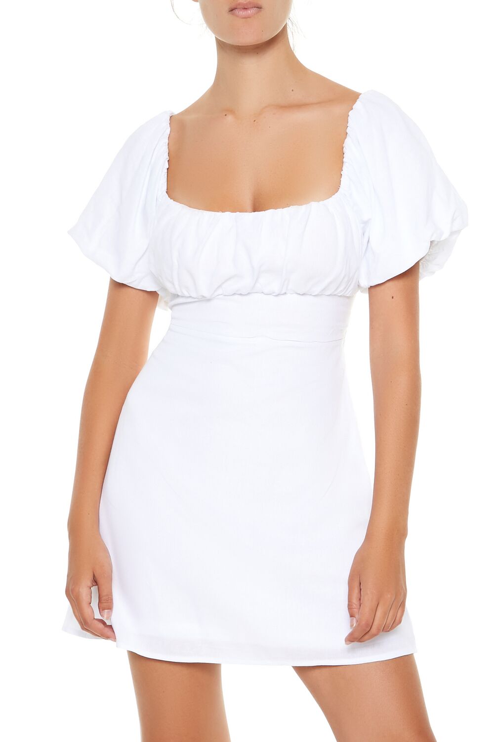  Forever 21 Lace-Up Puff-Sleeve Mini Dress - white - Bonton