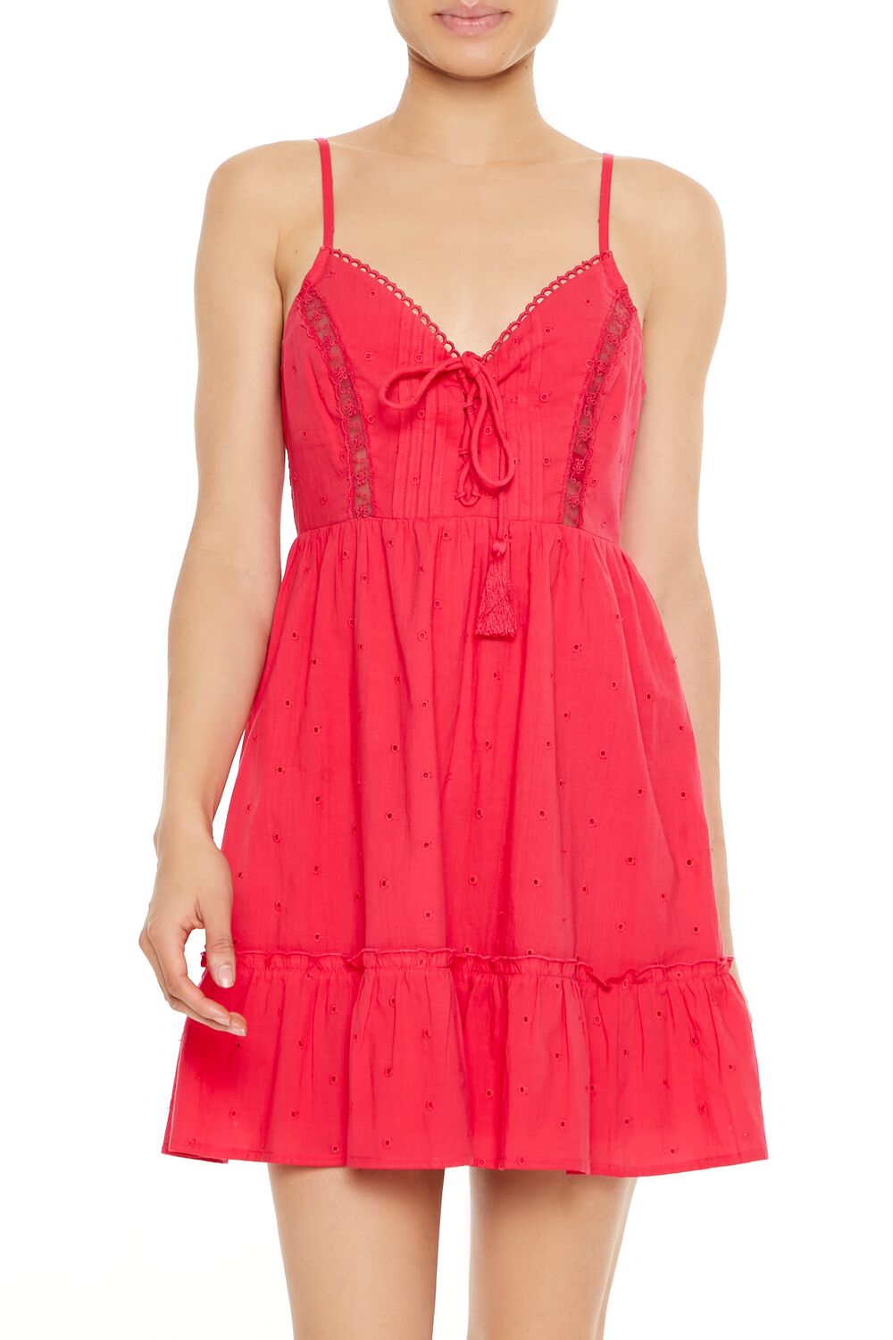  Forever 21 Eyelet Bow Tassel Mini Dress - white - Bonton