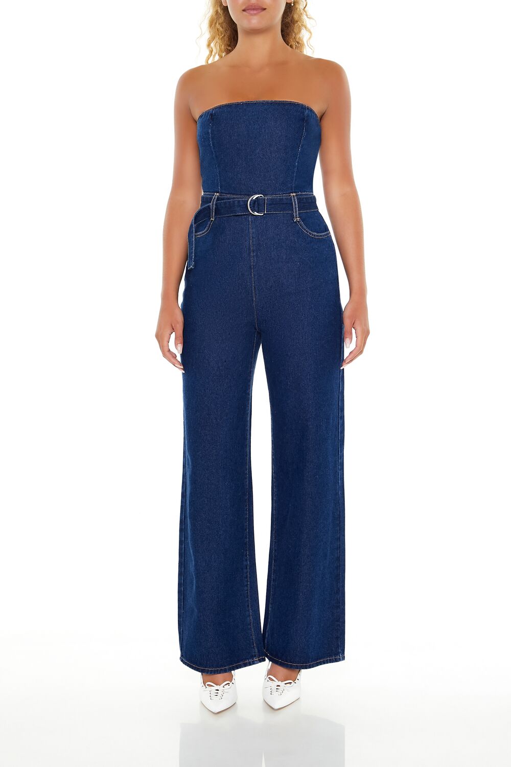  Forever 21 Belted Strapless Denim Jumpsuit - medium-denim - Bonton