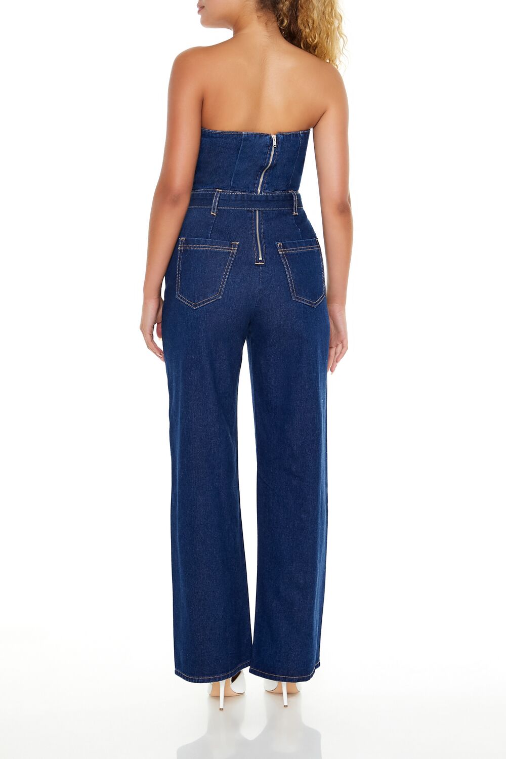  Forever 21 Belted Strapless Denim Jumpsuit - medium-denim - Bonton