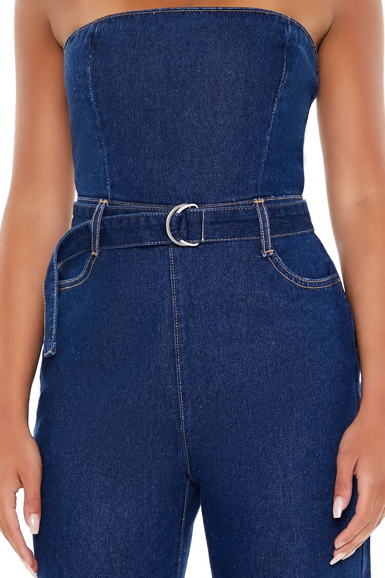  Forever 21 Belted Strapless Denim Jumpsuit - medium-denim - Bonton