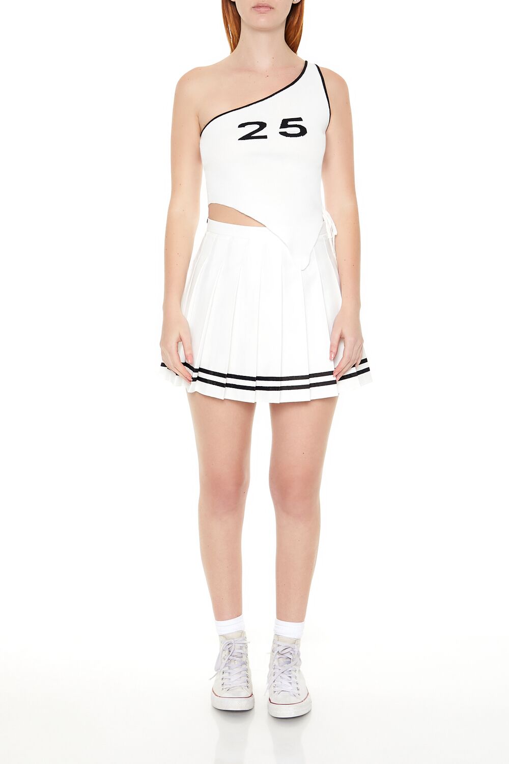  Forever 21 Sweater-Knit One-Shoulder Top - white black - Bonton