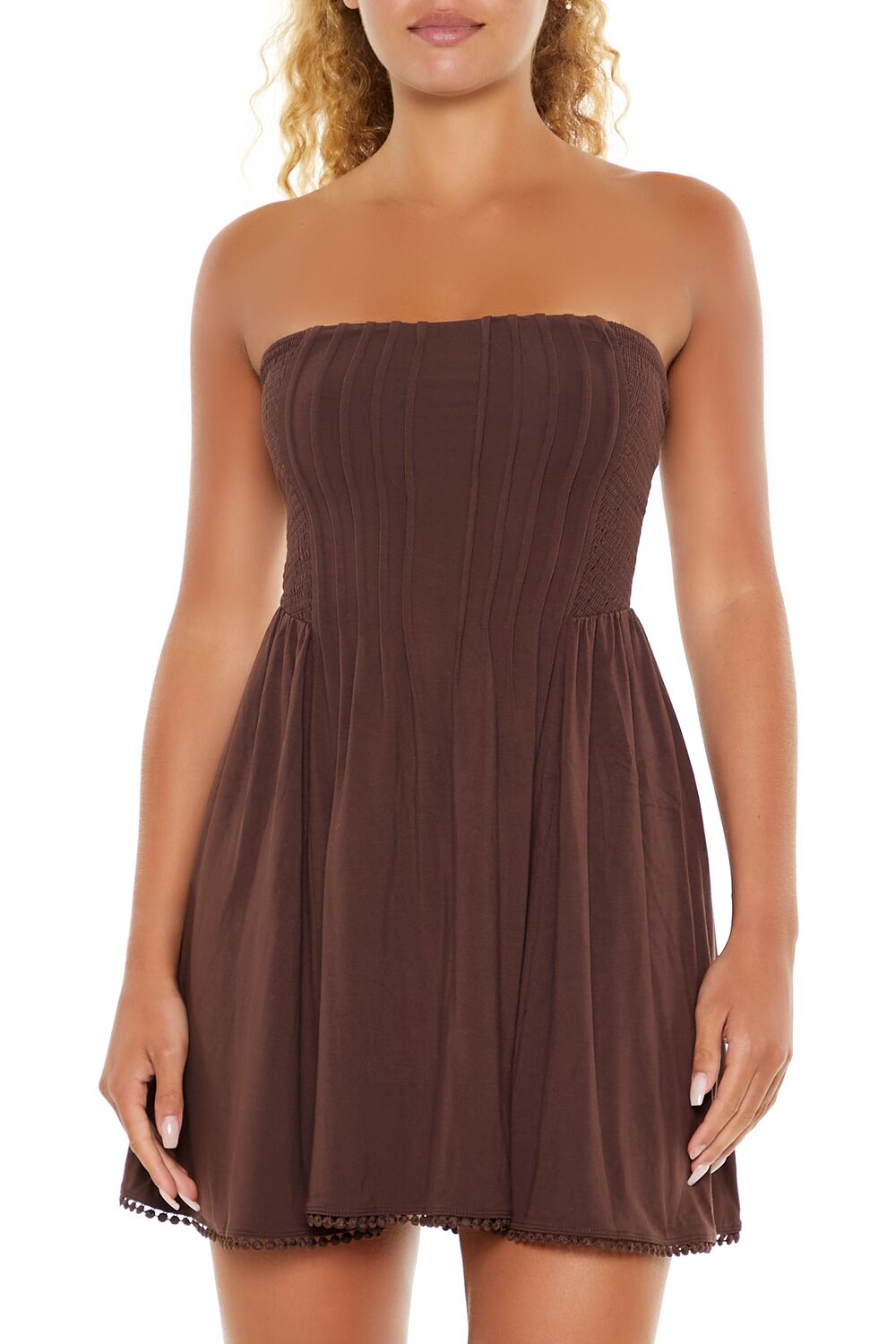 Forever 21 Pom Pom Strapless Mini Dress - brown-swatch - Bonton