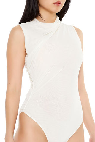 Draped Mesh Mock Neck Bodysuit