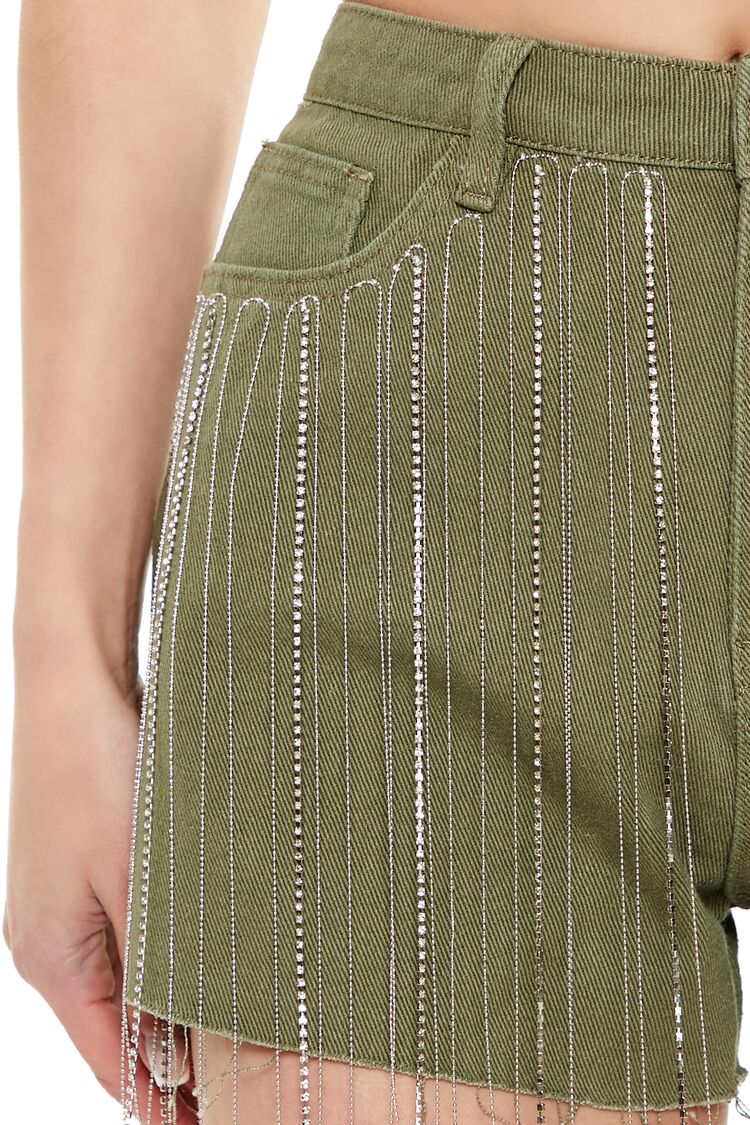  Forever 21 Rhinestone Fringe Denim Shorts - olive - Bonton