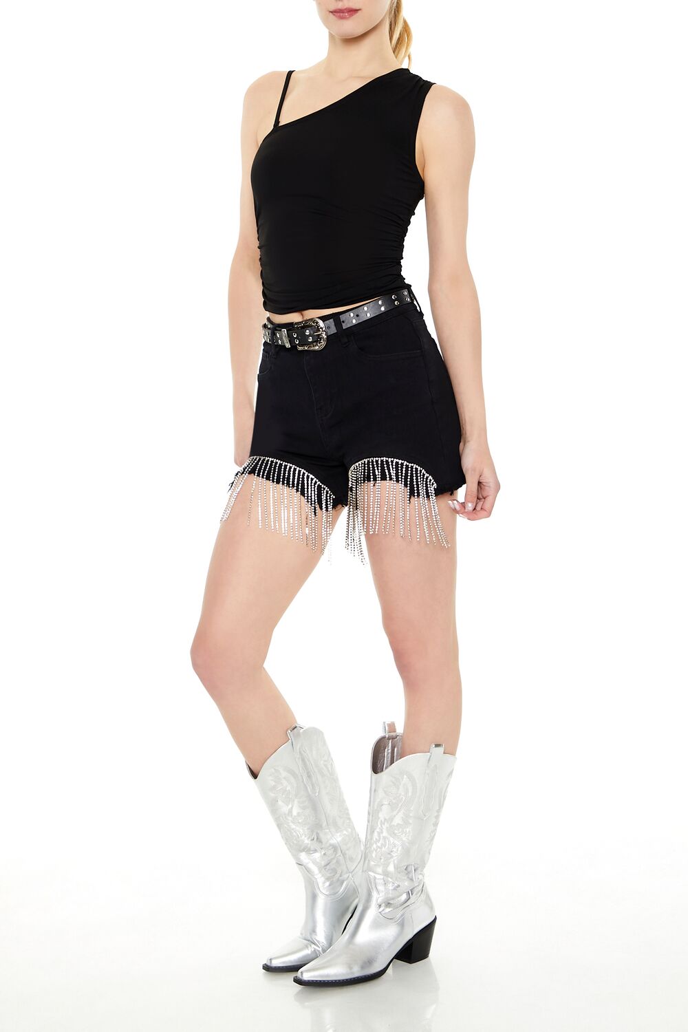  Forever 21 Rhinestone Fringe Denim Shorts - light-denim - Bonton