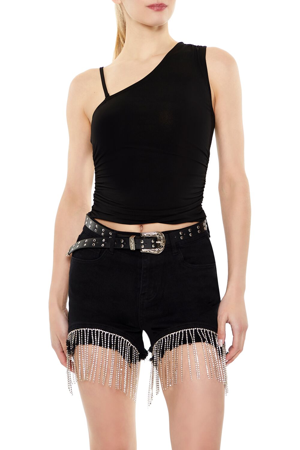  Forever 21 Rhinestone Fringe Denim Shorts - light-denim - Bonton
