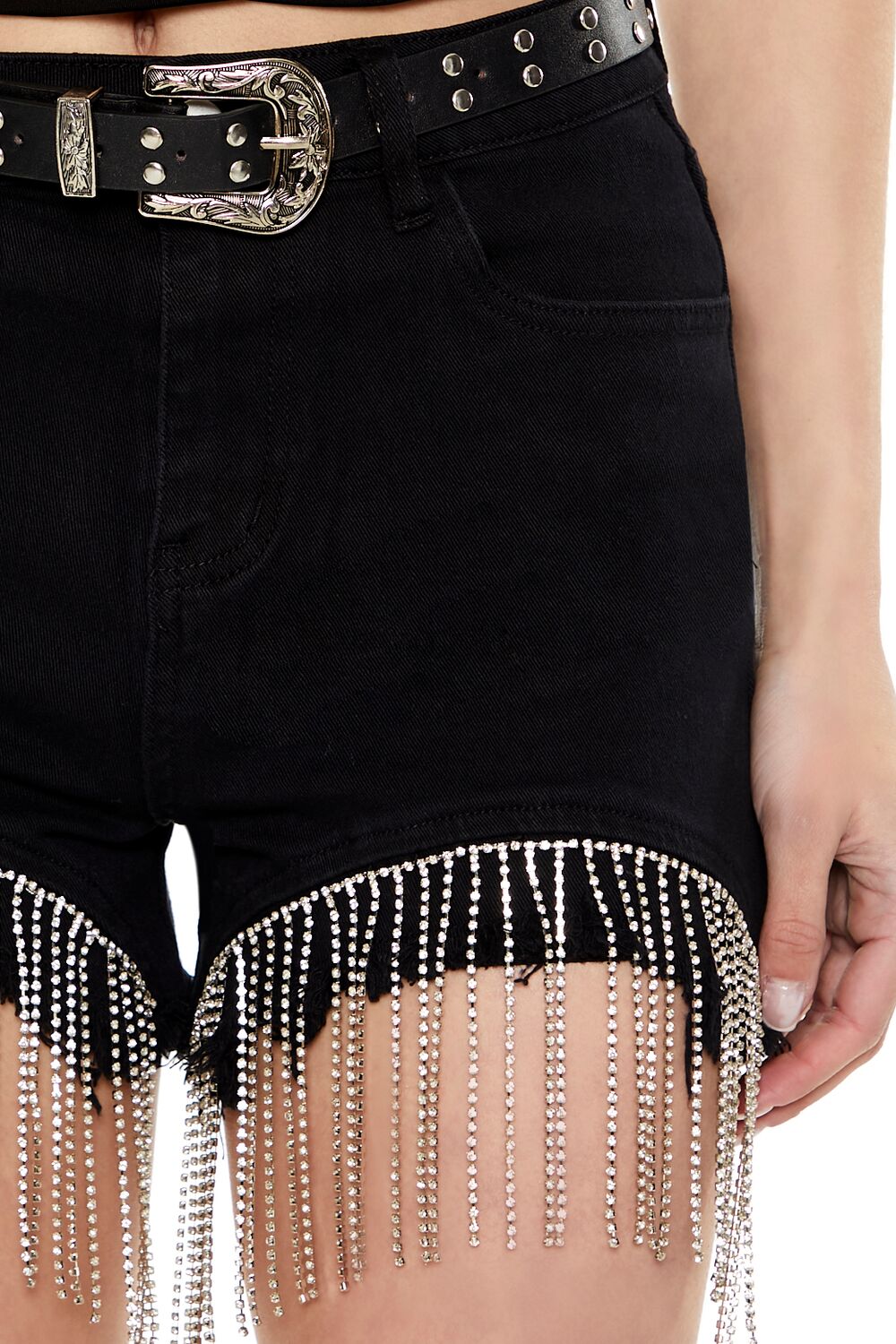  Forever 21 Rhinestone Fringe Denim Shorts - light-denim - Bonton