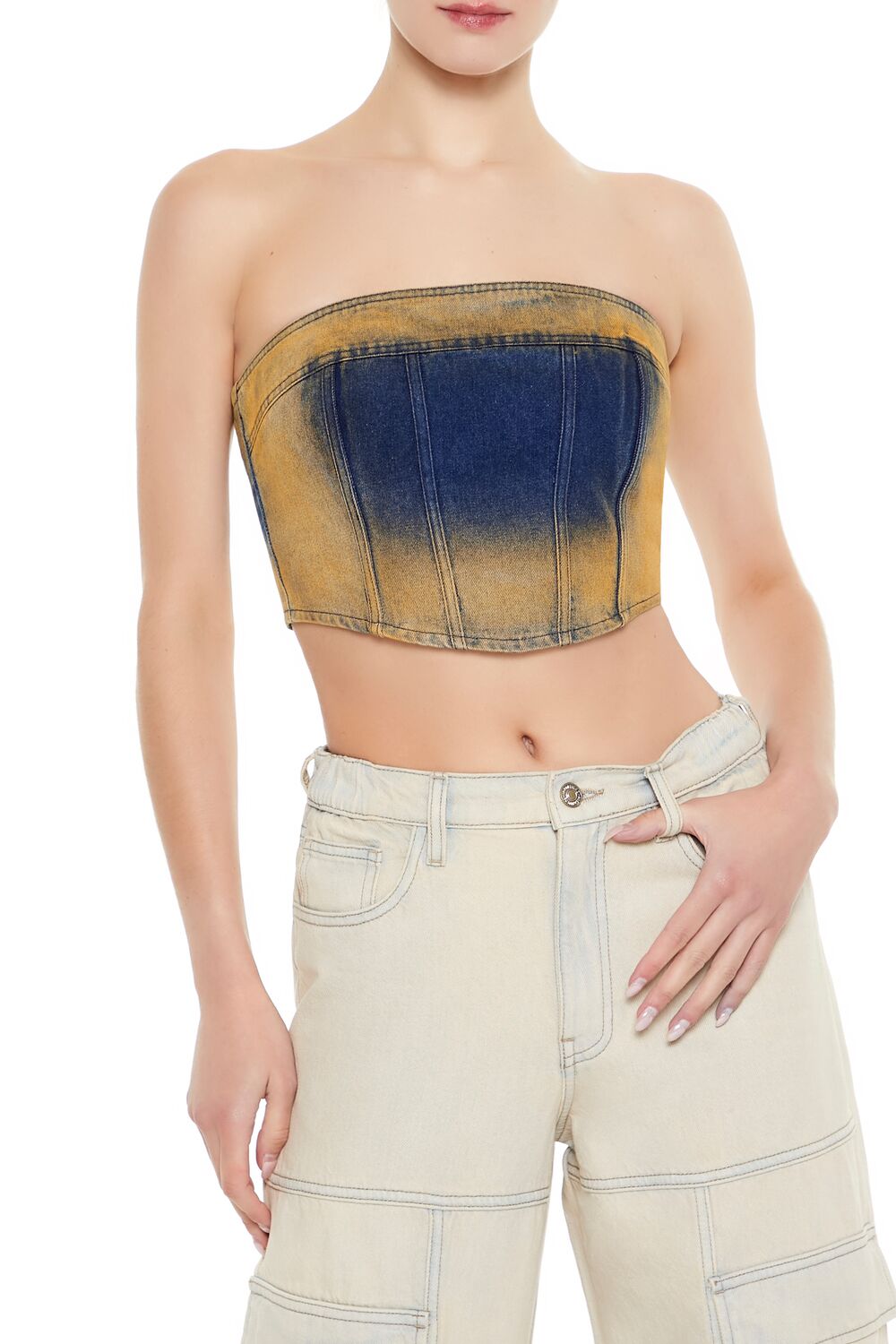  Forever 21 Sandblasted Denim Tube Crop Top - denim multi - Bonton