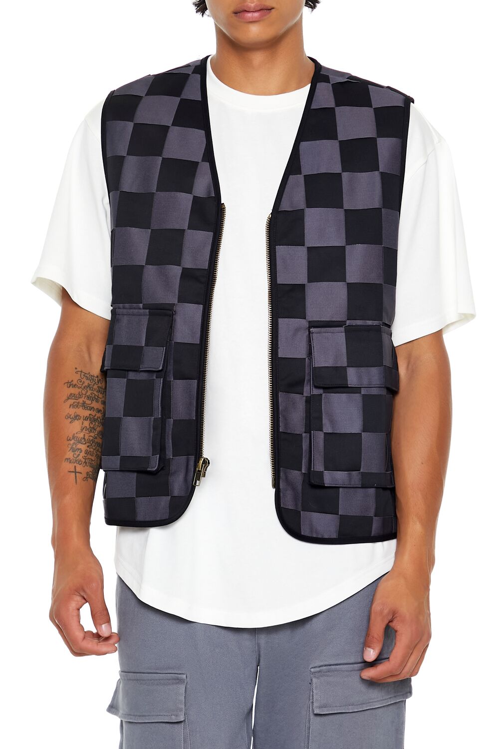  Forever 21 Checkered Cargo Vest - taupe-multi - Bonton