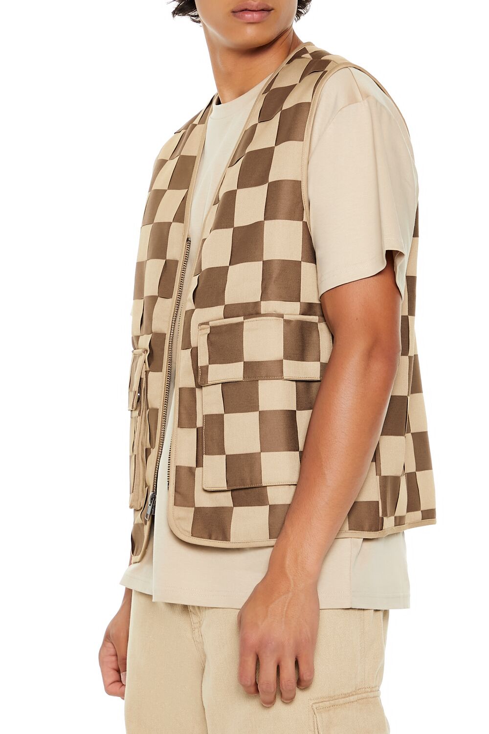  Forever 21 Checkered Cargo Vest - taupe-multi - Bonton