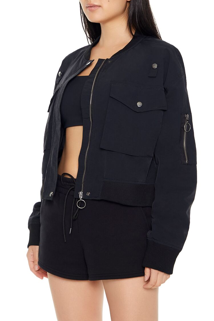  Forever 21 Zip-Up Cargo Bomber Jacket - black-swatch - Bonton
