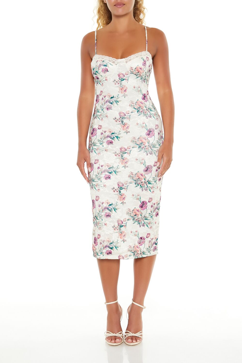  Forever 21 Floral Print Lace Midi Dress - cream-multi - Bonton