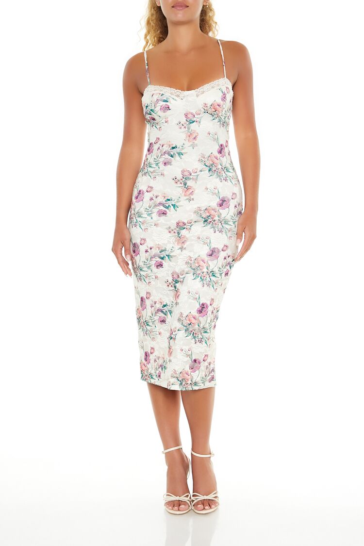  Forever 21 Floral Print Lace Midi Dress - cream-multi - Bonton