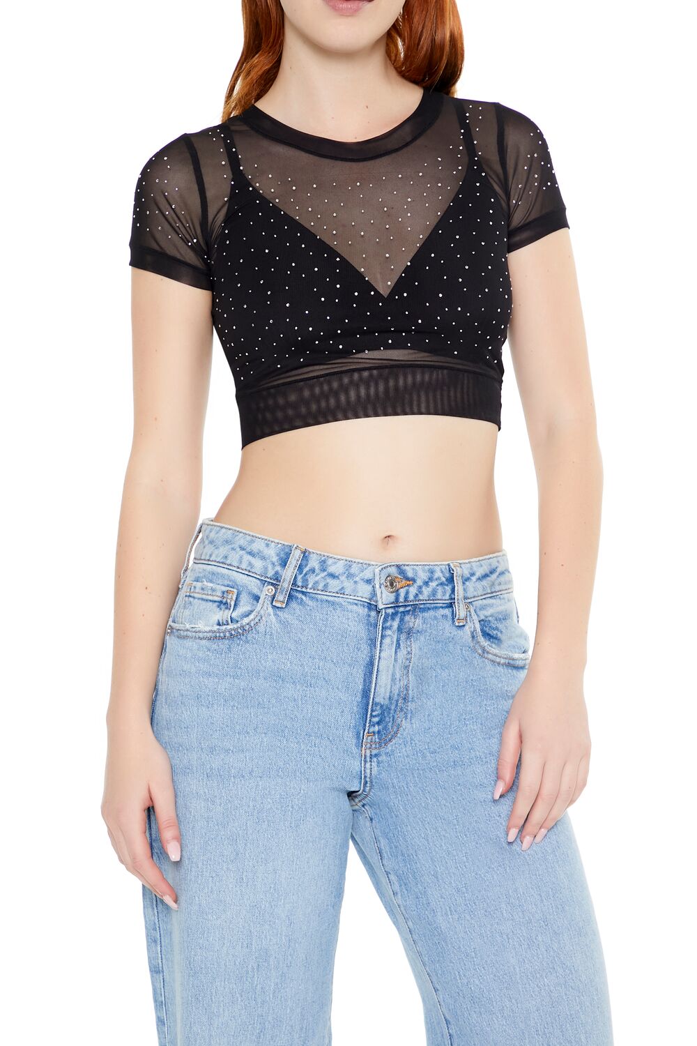  Forever 21 Cropped Mesh Rhinestone Tee - black - Bonton