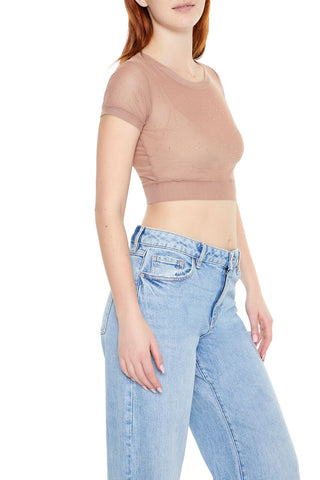 Cropped Mesh Rhinestone Tee