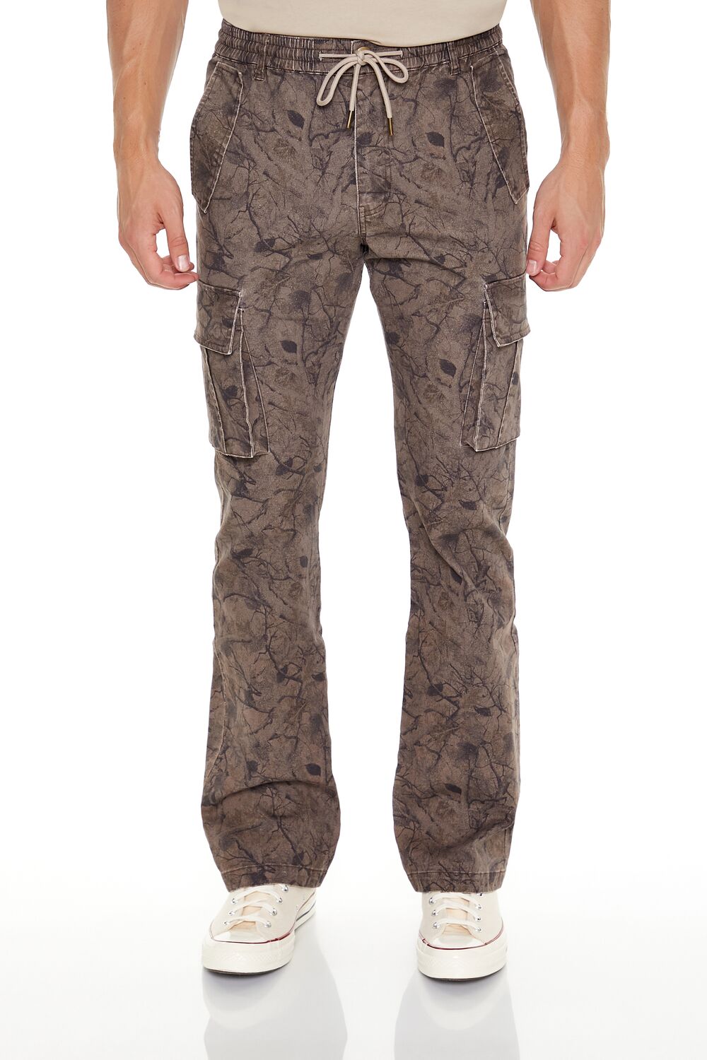  Forever 21 Slim-Fit Leaf Print Cargo Pants - brown-multi - Bonton