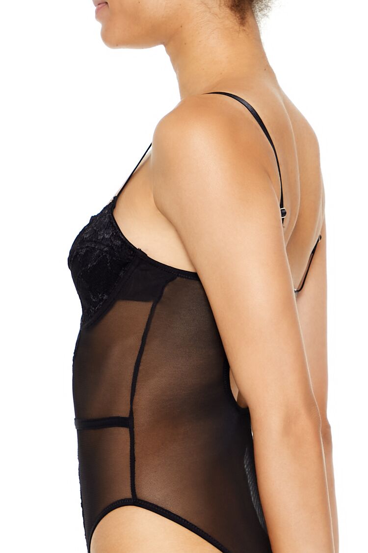  Forever 21 Floral Lace Mesh Lingerie Bodysuit - black - Bonton