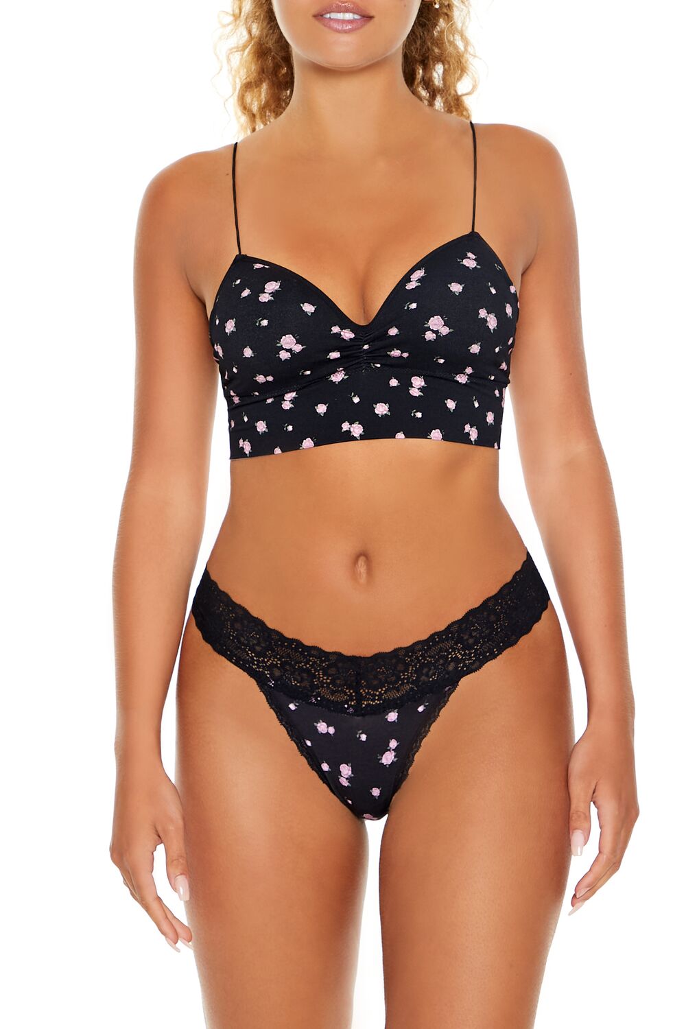  Forever 21 Rose Print Thong Panties - black-multi - Bonton