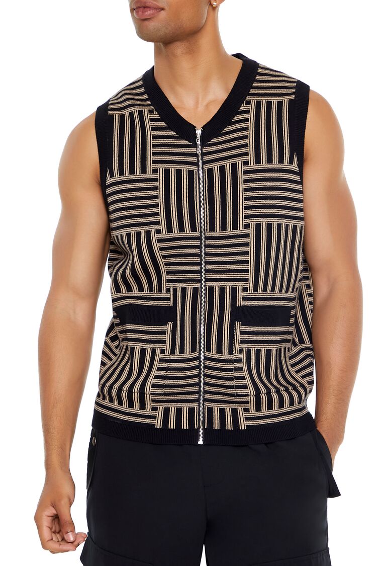  Forever 21 Geo Print Zip-Up Sweater Vest - black taupe - Bonton