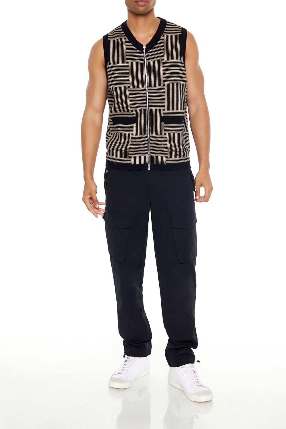  Forever 21 Geo Print Zip-Up Sweater Vest - black taupe - Bonton