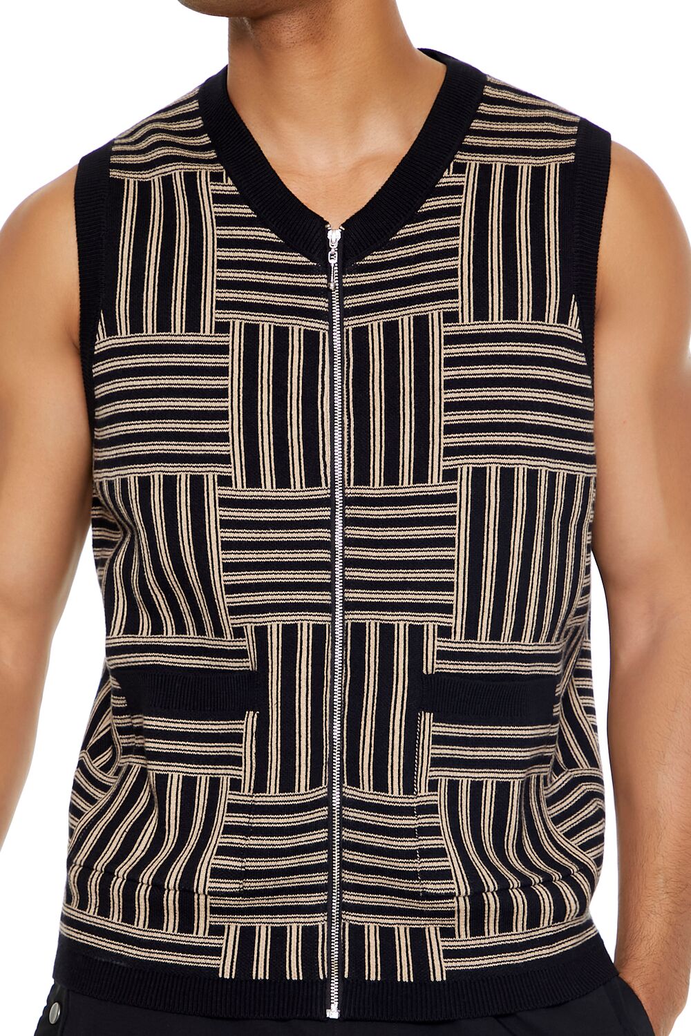  Forever 21 Geo Print Zip-Up Sweater Vest - black taupe - Bonton